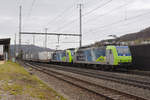 Doppeltraktion, mit den BLS Loks 485 015-2 und 485 003-8, durchfährt den Bahnhof Gelterkinden.