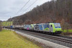 Doppeltraktion, mit den BLs Loks 485 020-2 und 475 404-0 fährt Richtung Bahnhof Tecknau.