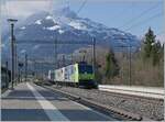 Die BLS Re 485 009 und die 186 905 fahren mit einer Rola von Novara nach Freiburg durch den Bahnhof von Mülenen.