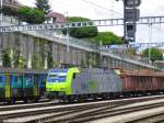 Die Re 485 008 fuhr am 9.7.05 mit einem zu frh verkehrenden Holzzug aus Offenburg in Spiez ein.