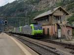 Die Re 485 003, die Re 486 503 und die Re 486 502 am 29.06.2011 mit einem Gterzug bei der Einfahrt in Brig.