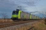 Am 24.12.2013 fuhr BLS Cargo Re 485 008-7 zusammen mit Re 485 013-7 + 018-6 + 019-4 und der Re 485 004-6 als DGS 41479 (Freiburg (Brsg) Rbf - Basel Bad Bf) nördlich von Müllheim (Baden an