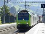 BLS - Versuch einer Gegenlichtaufnahme von der Lok 485 012-9 mit Rolla unterwegs bei Mülenen am 23.09.2014