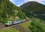 Re 486 505 + Re 485 020 mit einem Containerzug am 29.08.2013 oberhalb von Wassen.