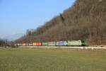 485 018 & 186 102 pass Castione whilst hauling a southbound BLS intermodal train, 20 February 2015