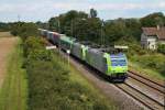 Am 22.08.2014 fuhr Re 485 018-6 zusammen mit ihrer Schwester Re 485 007-9 mit einer RoLa (Freiburg (Brsg) Rbf - Novara) südlich von Müllheim (Baden) in Richtung Süden.