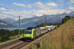 BLS 485 001 mit einer Rollenden Landstraße nach Freiburg bei Kumm am Thuner See, 15.06.2012.