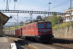 Zuckerrübenkampagne Frauenfeld 2007.
Der am Samstag verkehrende Zuckerrübenzug Yverdon-les-Bains - Frauenfeld mit der Ae 6/6 11423 anlässlich der Bahnhofsdurchfahrt Auvernier am 13. Oktober 2007.
Foto: Walter Ruetsch
