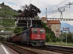 Die Ae 6/6 439 mit einem Gterzug am 29.06.2009 bei der Durchfahrt in Rivaz.