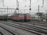 Yverdon-les-Bains im Rbenverkehr: In den Herbst und Wintermonaten sind der Bahnhof, die umliegenden Gebiete und nhere Bahnhfe fest in den Hnden der Eaos-Hochbordwagen und werden von vielen Lokomotiven besucht, u. A. von den Ae 6/6. Am 07.12.09 stehen im Bahnhof Yverdon gleich 4 Stck der Gotthardmaschinen. Neben der 11405 und der 11502 sind auf dem Bild die 11448  Sion  ohne einen modernisierten Fhrerstand und die 11446  Bellinzona  zu sehen.