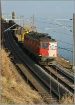 Eine Ae 6/6 auf der Fahrt Richtung Lausanne bei St-Saphorin.