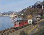 Die SBB Re 620 029-9 erreicht mit einen Güterzug in Kürze Villeneuve, im Hintergrund ist das Château de Chillon zu erkennen.