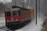 Re 620 080-2  Möhlin  mit ihrem Containerzug bei Schneefall unterwegs nach Basel aufgenommen zwischen Villnachern und Schinznach-Dorf in Richtung Frick am 05.01.2019.