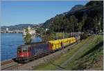 Die SBB Cargo Re 620 039-8 ist vor der Kulisse des Château de Chillon bei Villeneuve mit einem Güterzug unterwegs.