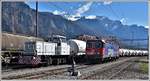 Em 9885 5837 830-9 Holcim Werklok und Re 620 oo7-5  Wattwil  im Übergabebahnhof Holcim in Untervaz. (24.03.2020)
