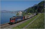 Vor dem Hintergrund des Château de Chillon ist die SBB Re 6/6 11661 (Re 620 061-2)  Gampel Steg  mit einem Güterzug in Richtung Wallis unterwegs.