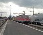 Zukunfts-GZ: Mit vielen Wechselbehltertragwagen und den dazugehrigen Containern durchfhrt am 15.04.10 die Re 6/6 11617  Heerbrugg  mit der Re 420 310-5 Rotkreuz.