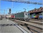 Die SBB Re 6/6 und Re 4/4 II mit einem Güterzug Richtung Lötschberg bei der Durchfahrt in Spiez am 29.