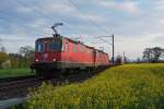 SBB:  Kraftpaket  Re 10/10 mit einem schweren Güterzug, wahrscheinlich eine Umleitung wegen der Entgleisung in Daillens, unterwegs in der Abenddämmerung bei Roggwil.