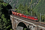 Re 10/10 bestehend aus den Lokomotiven Re 6/6 11619  Arbon  und der Re 4/4 II 11295 tauchen auf der mittleren Meienreussbrücke mit einem Holcim Sand-und Kieszug auf.Bild vom 19.7.2016