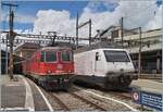 Zwei SBB Re 4/4 II mit der SBB Re 4/4 II 11264 (Re 420 264-4) an der Spitze begegnen mit ihrem Spaghetti-Zug in Lausanne der Werbelok Re 460 113-4  100 Jahre SEV .