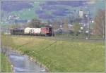 Eine rote Ae 6/6 mit einem  Stallinger Gterzug  aus Ems Werk fhrt dem Binnenkanal entlang zwischen Sargans und Trbbach. Im Hintergrund ist das Schloss Sargans zu sehen. (09.04.2008)