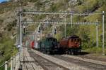 Auf der Lötschberg-Südrampe führte SBB Historic am 18.10.2014 eine Parallelfahrt zweier historischer Züge durch.