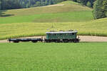 Verein Historische Eisenbahn Emmental (VHE).
Die ehemalige EBT Be 4/4 102 mit dem S4t 9038 als Sonderleistung bei Dürrenroth am 11. September.
Der Flachwagen stand am Samstag-Morgen für den Transport einer Glocke der reformierten Kirche Affoltern im Emmental zwischen Ei und Affoltern-Weier, Bahnhof im Einsatz.
Bilder zu diesem einmaligen und speziellen Ereignis werden zu einem späteren Zeitpunkt eingestellt.   
Foto: Walter Ruetsch