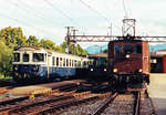 BLS/GBS:
Impressionen der Gürbetal-Bern-Schwarzenburg-Bahn (GBS).
Im August 1987 wurde die alltägliche Zugskreuzung von zwei Regionalzügen in unterschiedlichen Farben sowie dem Postzug Thun-Bern mit der Ce 4/4 311 in Toffen verewigt.
Foto: Walter Ruetsch 
