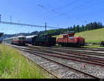 Kleine Fahrzeugparade Re 4/4  10034 + Ed 2x2 2 196 + Ee 3/3  16403 im Bahnhofsareal in Sumiswald - Grünen am 11.06.2022