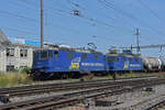 Doppeltraktion, mit den WRS Loks 421 381-5 und 421 373-2 durchfährt am 09.06.2023 den Bahnhof Pratteln.