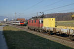EW IV Pendel als IR auf der Fahrt nach Bern anlässlich der Begegnung mit einem Güterzug, geführt mit einer Re 420, bei Bettenhausen am 21. Januar 2020.
Foto: Walter Ruetsch