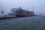SBB: Bei kaltem und sehr nebligem Wetter passierte ein SBB-Güterzug mit einer Dreifachtraktion Re 4/4 II am Sonntag Morgen des 18.