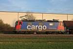 Hier eine Seitenansicht vom 29.03.2014 von der SBB Cargo Re 421 374-0, als sie mit einem langem gemischten Containerzug durch den kleinen Ort Auggen, an der KBS 703 gelegen, gen Freiburg fuhr und von