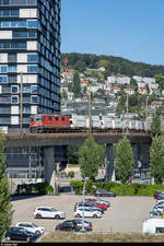 SBB Cargo Re 4/4 III 11358 am 4. September 2020 auf dem Hardturmviadukt der Güter-Verbindungslinie Oerlikon - Altstetten in Zürich.