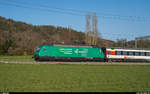 SBB Re 460 007 mit Werbung für die vaudoise-Versicherungen am 1. April 2020 mit IC zwischen Ostermundigen und Gümligen.