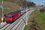 Nachher# Auf der inzwischen zweigleisigen Strecke den Seercken hinunter fhrt am 23.03.2019 bei Unterhard Re 460 068-0 mit dem IR 2126, Konstanz - Zrich, und befindet sich kurz vor dem nchsten Halt in Weinfelden.