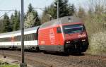Mit einem IR nach Luzern nhert sich am 08.04.11 die Re 460 116-7  Ostschweiz  dem Bahnhof Sursee.