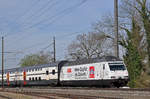 Re 460 052-4, mit der ABB/Gottardo 2016 Werbung, hat den Bahnhof Kaiseraugst durchfahren und fährt Richtung Rheinfelden. Die Aufnahme stammt vom 31.03.2017.