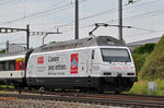 Re 460 052-4, mit einer ABB/Gottardo 2016 Werbung, durchfährt den Bahnhof Pratteln. Die Aufnahme stammt vom 07.06.2016.