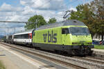 BLS Re 465 011 mit MOB GoldenPass Express Interfacewagen als Testzug Gümligen-Thun-Gümligen am 23. August 2021.
Foto: Walter Ruetsch