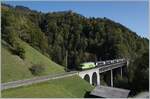 Faszination Spurwechsel - Die BLS Re 465 014 ist mit dem GoldenPass Express 4065 auf der Fahrt von Interlaken nach Zweisimmen, wo der Zug dann umgespurt nach Montreux weiter fahren wird. Das Bild zeigt den Zug auf der Bunschenbach Brücke bei Weissenburg. 

7. Oktober 2023