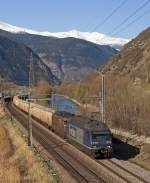 BLS Re465 012 + Re4/4 177 hauling a southbound containers train, here between Visp and Brig on the 2nd of April in 2011