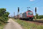 Am 20.06.2018 ist 482 013  Alpäzähmer  mit einem KLV Zug bei Waghäusel in Richtung Schweiz unterwegs.