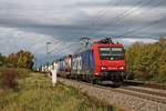 Am 05.10.2017 fuhr Re 482 020-5 mit einem Containerzug nach Gallarate bei Buggingen durchs Markgräflerland in Richtung Schweizer Grenze.