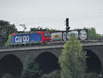 Auf der Hochfelder Eisenbahnbrücke zog die Lokomotive 482 030-4 einen Containerzug. (Duisburg, August 2022)