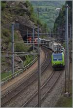 Die BLS Re 482 verlässt mit ihrem Güterzug den Dazio Tunnel und erreicht Rodi-Fieso.  
6. Mai 2014