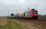 482 030, welche von HSL angemietet ist, zog am 19.03.16 einen Transcereal-Zug durch Zeithain Richtung Dresden.