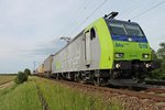 Weil die Re 485 019-4 am 12.05.2015 noch keine Einfahrt in den Bahnhof von Müllheim (Baden) hatte, fuhr sie nur mit sehr reduzierter Geschwindigkeit bei Hügelheim mit ihrer RoLa (Freiburg (Brsg) Rbf - Novara) am Fotografen vorbei.