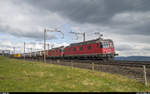Eine Re 10/10 zieht bei Mühlau einen Containerzug in Richtung Gotthard.